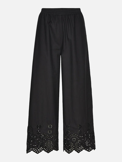 Cotton Trousers w/Embroidery - Black - Rosemunde