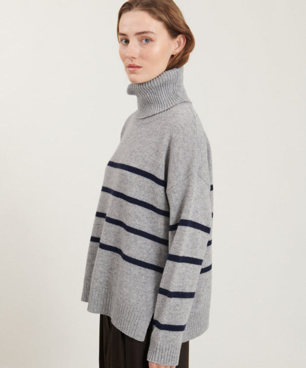 Lisa Striped T-Neck - Light Grey Melange/Sky Melange - Basic Apparel